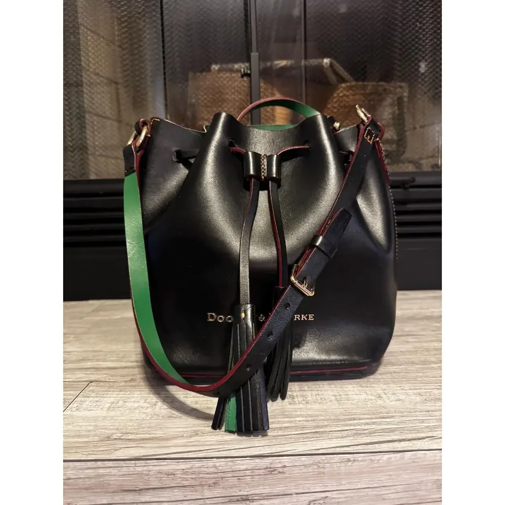 Dooney and Bourke smooth drawstring black green leather Serena Bucket bag purse